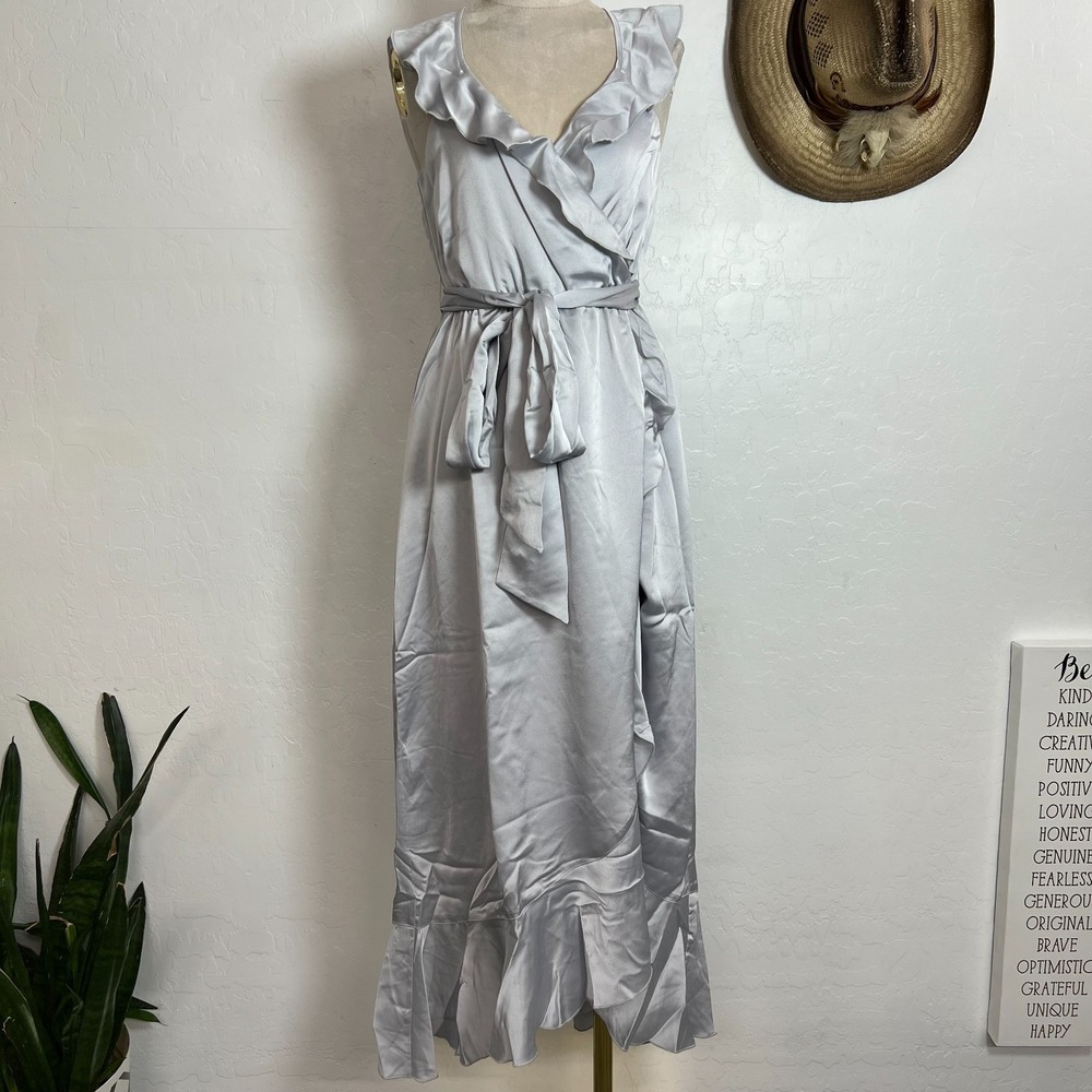 Show Me Your Mumu Samantha Ruffle Wrap Dress Silver Satin XS NWT Bridesmaid Maxi